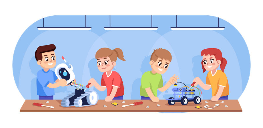 Niños montando robots  Ilustración