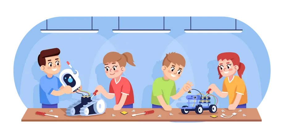 Niños montando robots  Ilustración