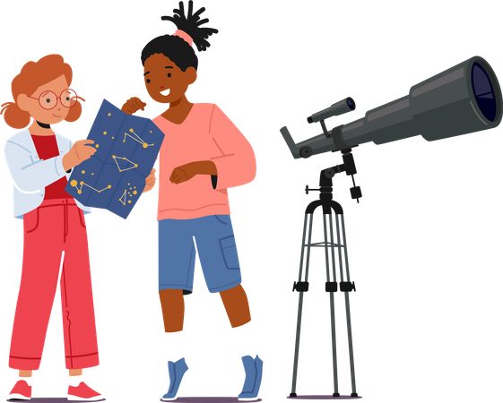 Niños estudiando astronomía mientras miran a través del telescopio  Ilustración