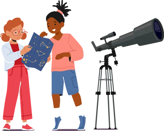 Niños estudiando astronomía mientras miran a través del telescopio  Ilustración