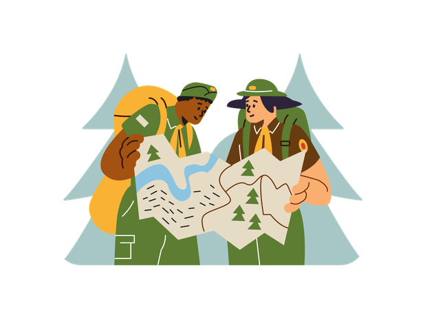 Niños scouts explorando un mapa en el bosque mientras llevan una mochila de acampada  Ilustración