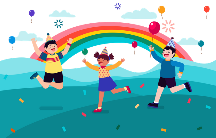 Niños felices celebrando cumpleaños  Ilustración
