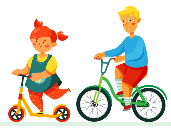 Niños felices en bicicleta  Ilustración