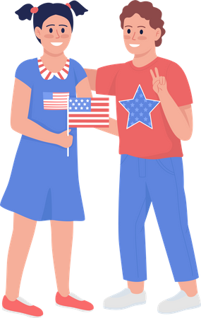 Niños felices con bandera americana  Ilustración