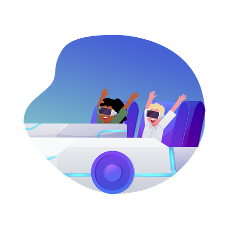 Niños felices con gafas de realidad virtual, manos en alto y paseos en un parque de atracciones digital  Ilustración