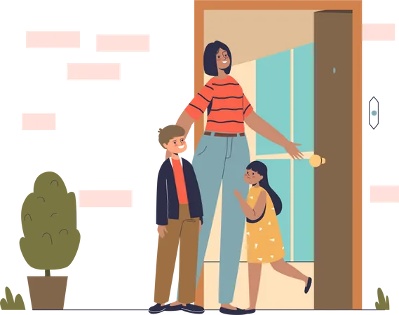 Niños felices reuniéndose con mamá en la puerta de casa después de un viaje o trabajo al aire libre  Ilustración