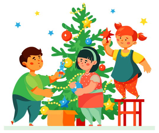 Niños felices decorando el árbol de Navidad  Ilustración