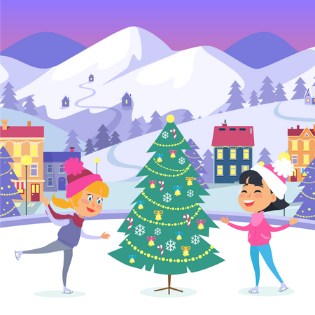 Niños felices en Icerink cerca del árbol de Navidad  Ilustración