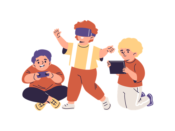 Niños felices jugando con una tableta con joystick y gafas de realidad virtual  Ilustración