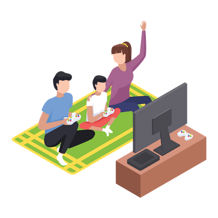 Niños felices jugando juegos de mesa con sus padres  Ilustración