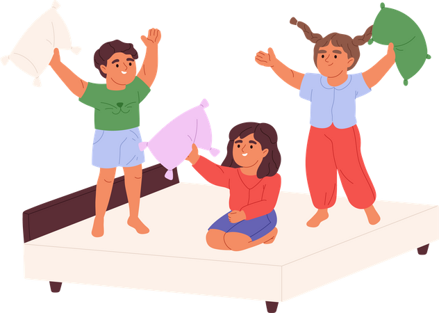 Niños felices peleando con almohada  Ilustración