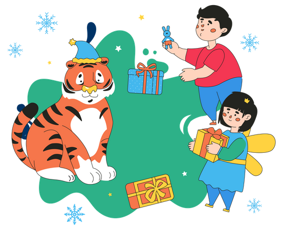 Niños felices y tigre disfrutando de las vacaciones de invierno.  Ilustración