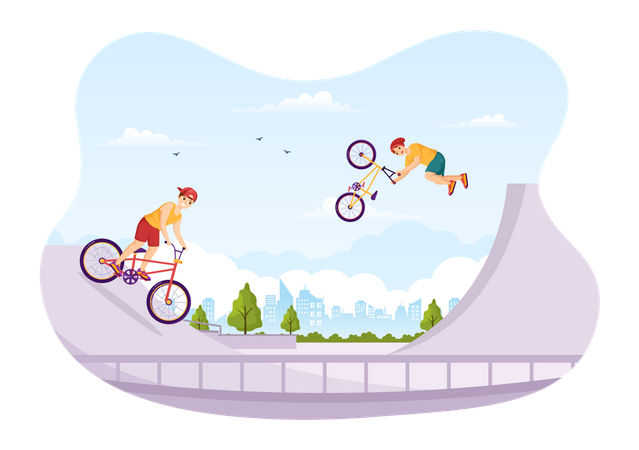 Niños haciendo acrobacias con bicicleta BMX.  Ilustración