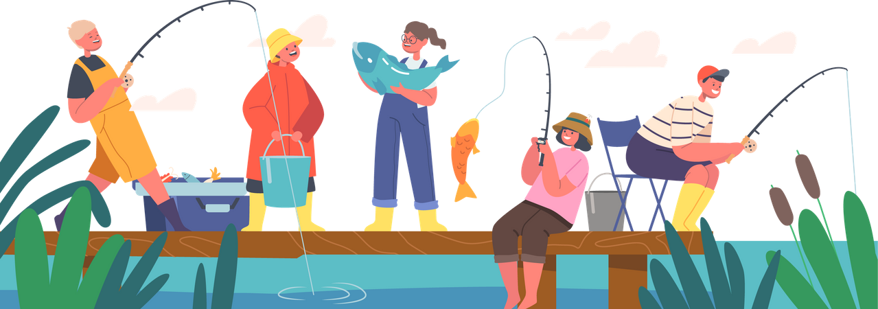 Niños haciendo actividad de pesca en el lago.  Ilustración