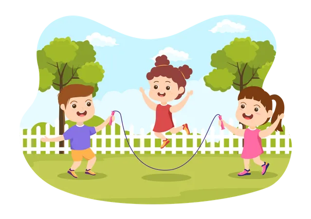 Niños haciendo saltar la cuerda en el parque  Ilustración