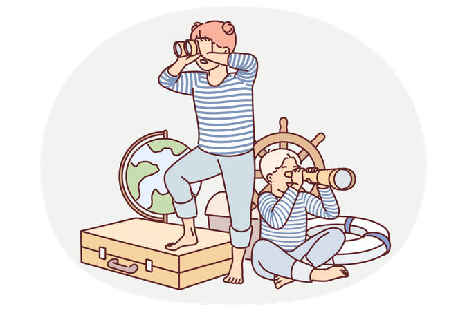 Los niños juegan a ser marineros con objetos náuticos antiguos y sueñan con convertirse en viajeros.  Ilustración