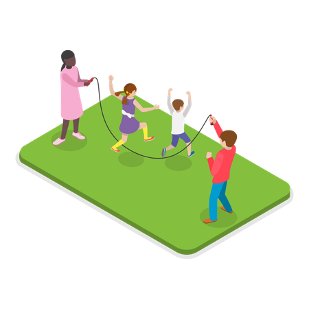 Niños jugando a saltar la cuerda en el jardín  Ilustración