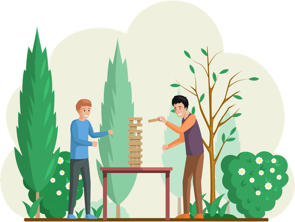 Niños jugando a un juego de mesa en un claro del jardín  Ilustración
