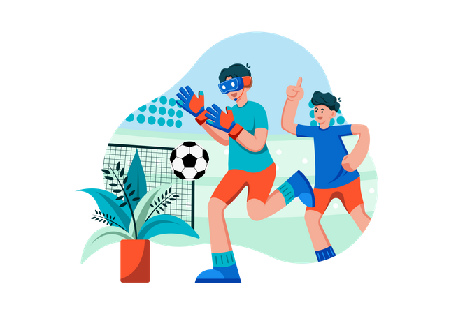 Niños jugando al fútbol en el metaverso.  Ilustración