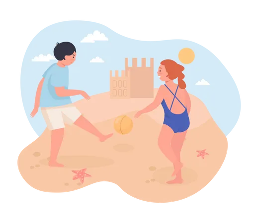 Niños jugando al fútbol en la playa  Ilustración