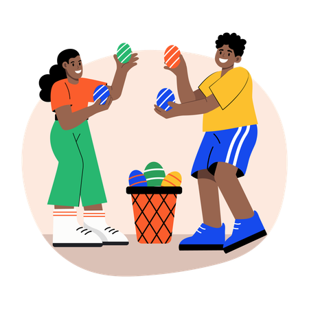 Niños jugando al juego de lanzar huevos  Ilustración