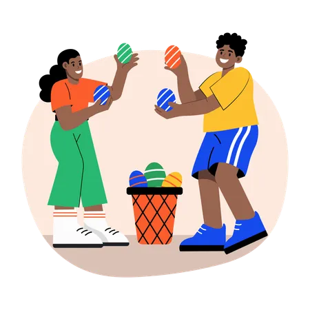Niños jugando al juego de lanzar huevos  Ilustración