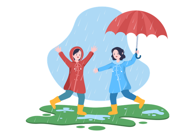 Niños jugando bajo la lluvia  Ilustración