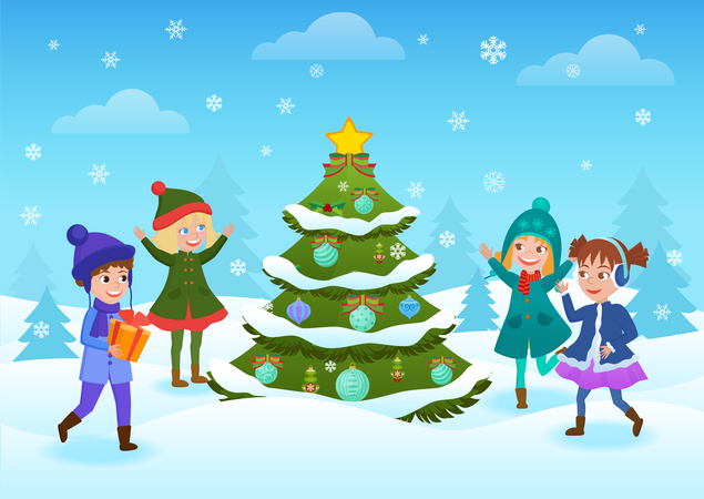 Niños jugando cerca del árbol de navidad  Ilustración