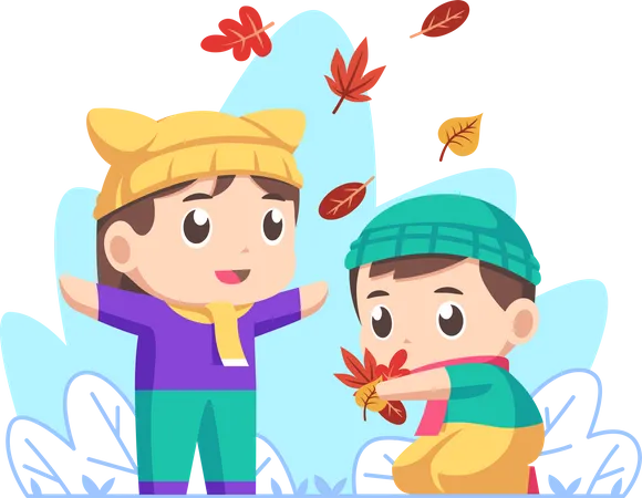 Niños jugando con hojas de otoño  Ilustración