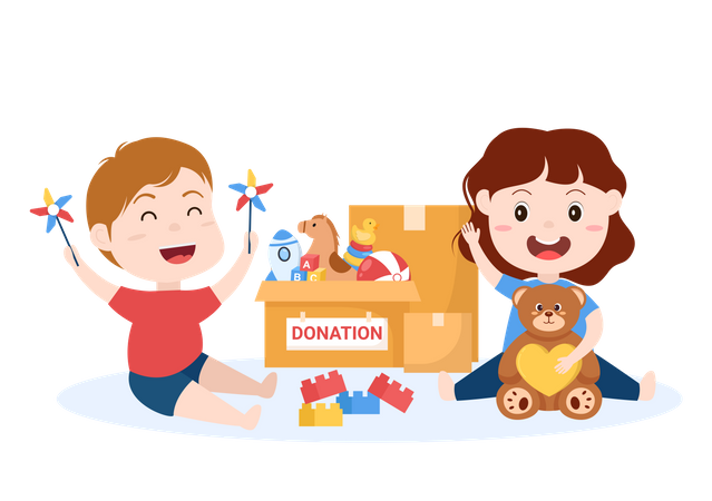 Niños jugando con juguetes donados  Ilustración