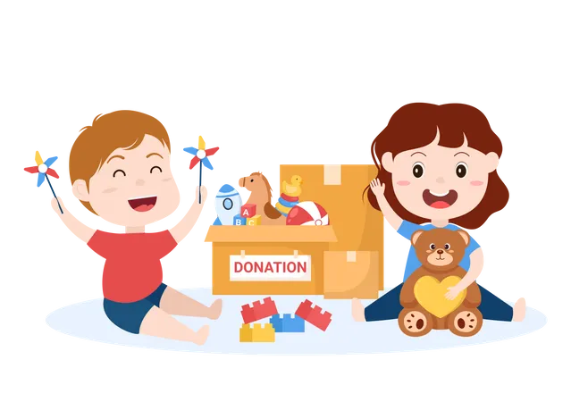 Niños jugando con juguetes donados  Ilustración