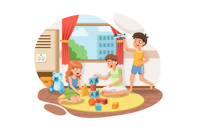 Niños jugando con juguetes en preescolar  Ilustración