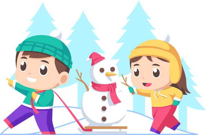 Niños jugando con muñeco de nieve  Ilustración
