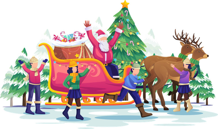 Niños jugando con Papá Noel y su carruaje de renos en Navidad  Ilustración