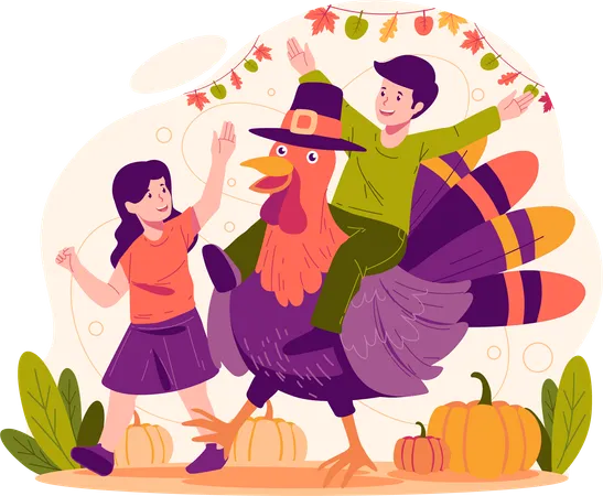 Niños jugando con pavo gigante  Ilustración