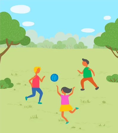 Niños jugando con pelota en el parque  Ilustración