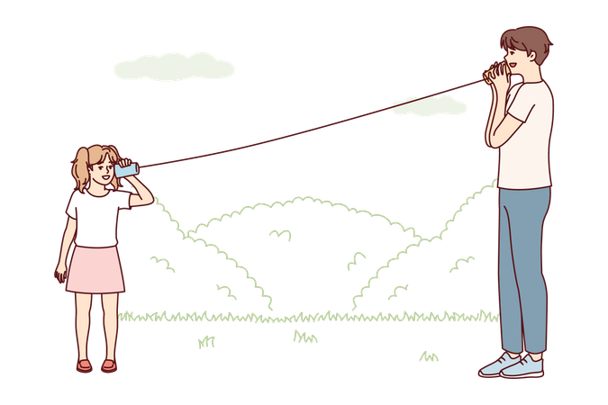 Niños jugando con un teléfono con hilo de vaso de papel  Ilustración