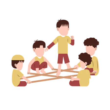 Niños jugando con cañas de bambú.  Ilustración