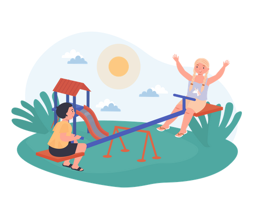 Niños jugando en el balancín  Ilustración