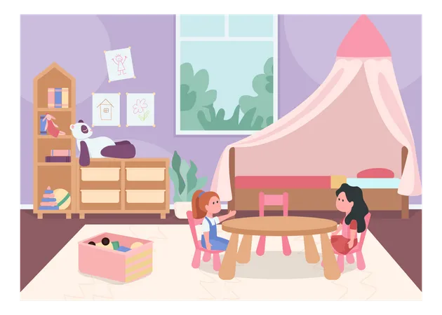 Niños jugando en el dormitorio infantil  Ilustración