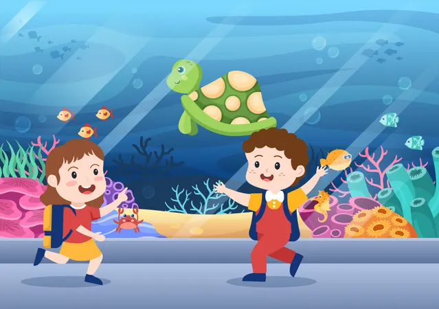 Niños jugando en el acuario  Ilustración