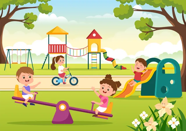 Niños jugando en el patio de recreo  Ilustración