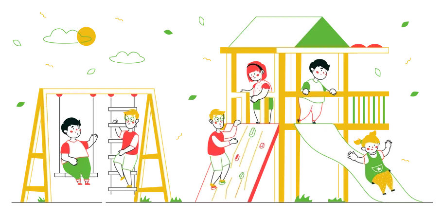 Niños jugando en el patio de recreo  Ilustración