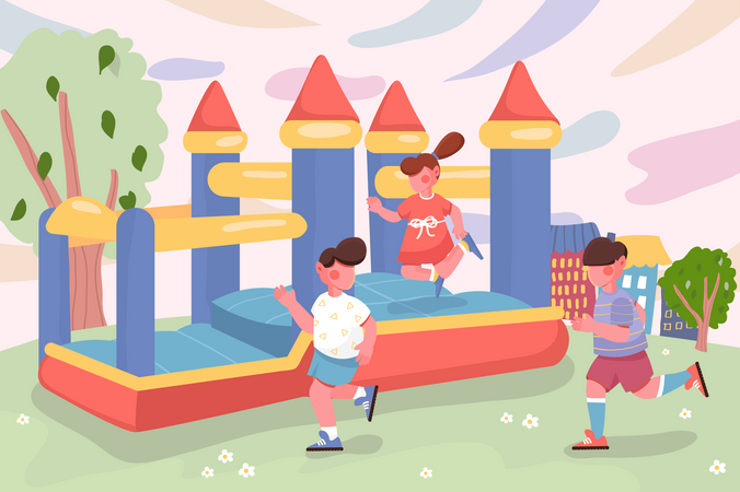 Niños jugando en el parque infantil  Ilustración