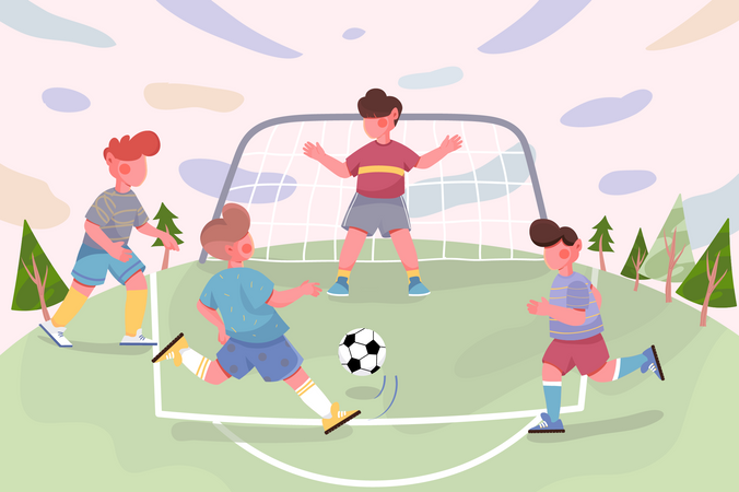 Niños jugando al fútbol en el fondo del campo  Ilustración