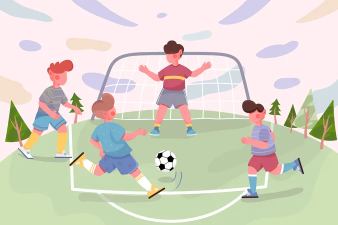 Niños jugando al fútbol en el fondo del campo  Ilustración