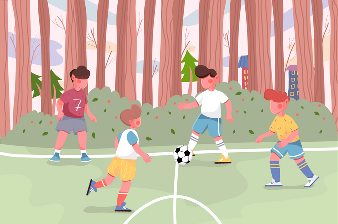 Niños jugando al fútbol en el fondo del campo  Ilustración