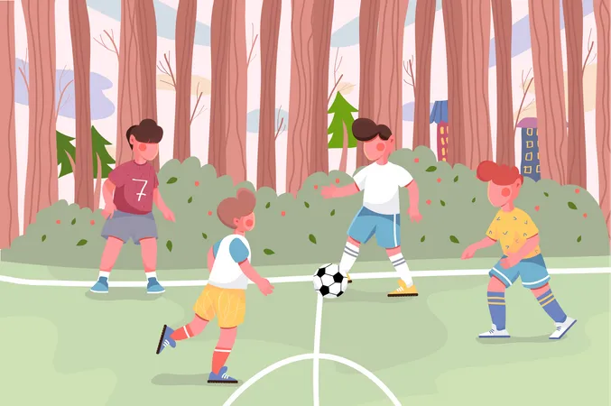 Niños jugando al fútbol en el fondo del campo  Ilustración