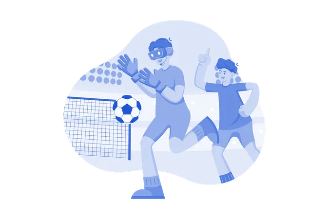 Niños jugando al fútbol en el metaverso.  Ilustración