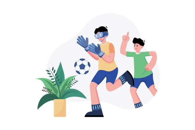 Niños jugando al fútbol en el metaverso.  Ilustración